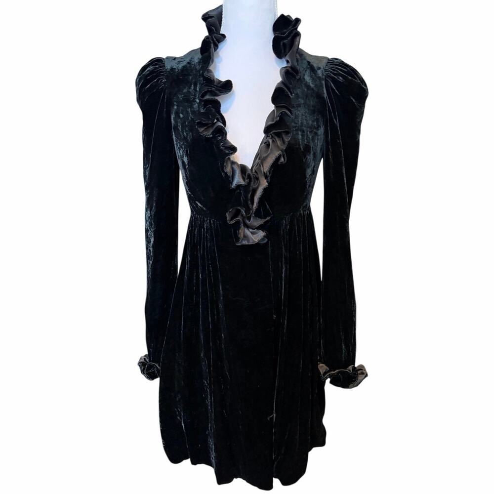 Betsey Johnson Black Velvet Ruffle Dress Gothic Romantic Mini XS 0 Silk Trim